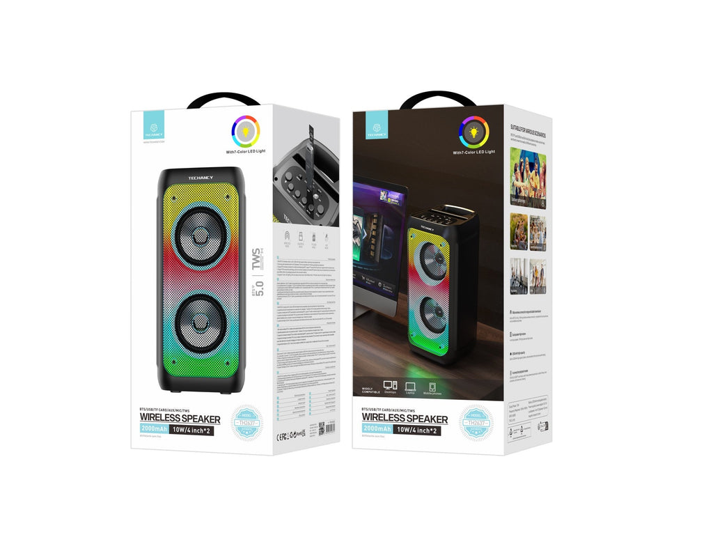 Techancy Altifalante Bluetooth Sem Fios  TH2637, Altifalante De 2*4 Polegadas, Som Estéreo Tws, Ritmos De Luz Led,
