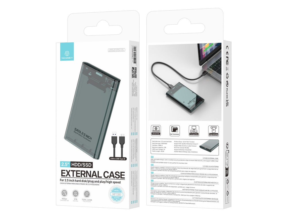 Techancy Estojo Externo  de 2,5" SATA para HDD/SSD Preto MF1300, com USB3.0 de Alta Velocidade, Portátil