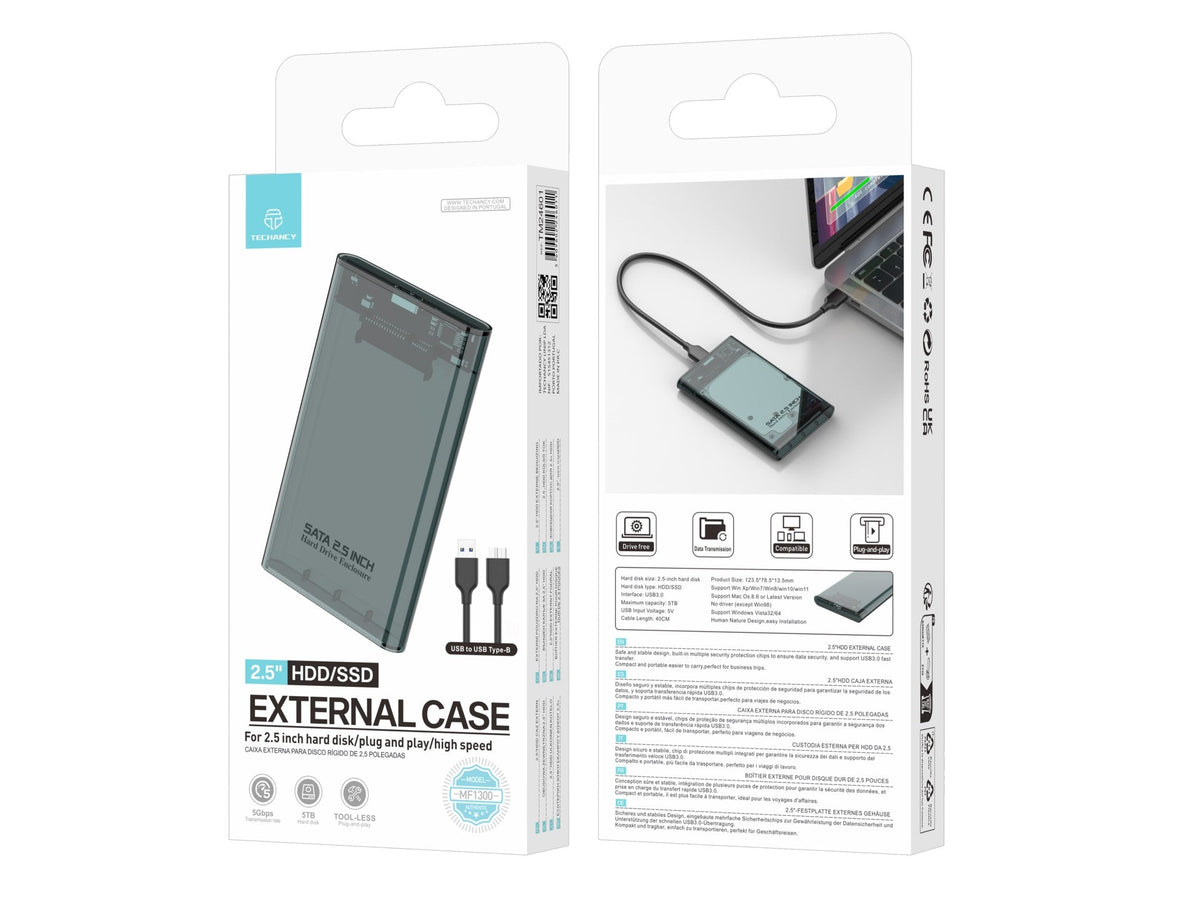 Techancy Estojo Externo  de 2,5" SATA para HDD/SSD Preto MF1300, com USB3.0 de Alta Velocidade, Portátil